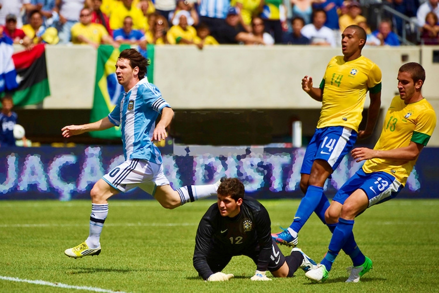 Lionel Messi (10) of Argentina (ARG) watches his first goal go in. Argentina defeated Brazil 4-3 in an international friendly at MetLife Stadium in East Rutherford, NJ, on June 9, 2012.